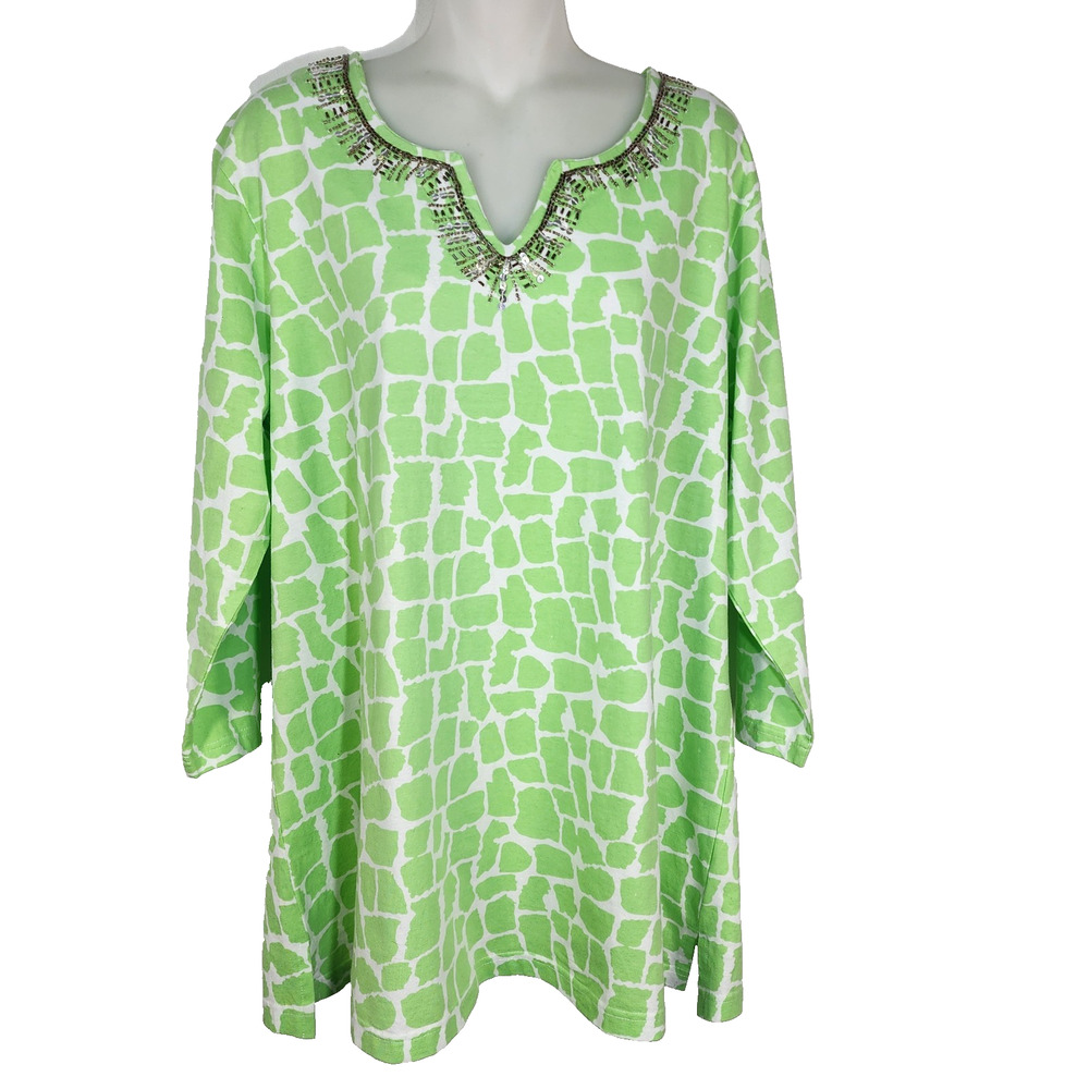 Quacker Factory Women Tunic Top XL Green Giraffe Print Sparkle 3/4 Sleeve Sequin